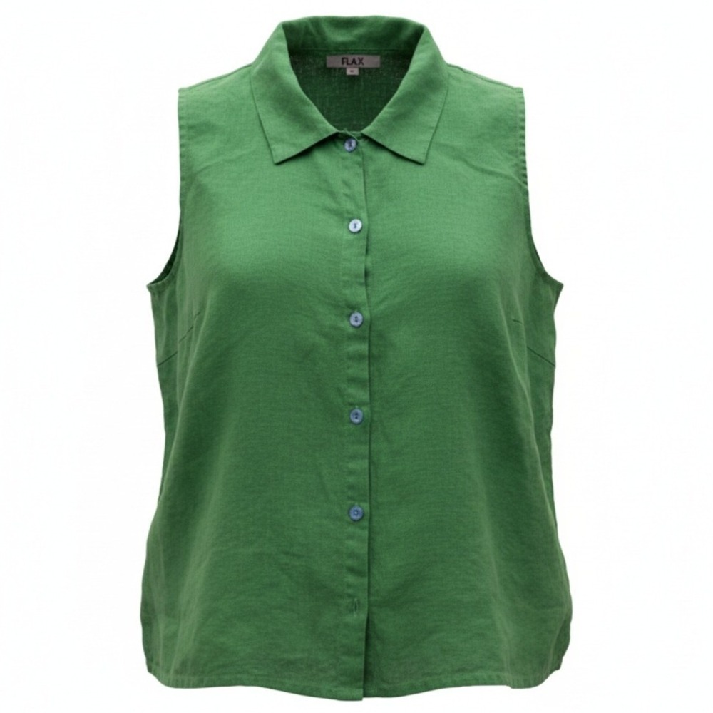 FLAX Womens L Large Green 100% Linen Sleeveless Button Down Tank‎ Top Lagenlook